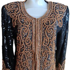 Small Vintage Bolero Jacket Black Gold Beaded Sequin Embroidery Patra